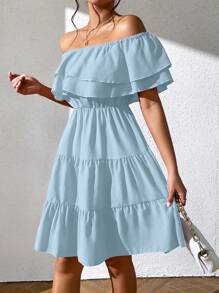 Calvaya Women's Summer Solid Color Ruffled Off Shoulder Dress With Asymmetric Hemline