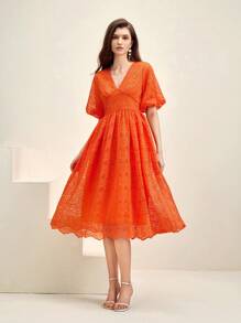 Anewsta Elegant Gathering Texture Lace Women Orange V-Neck Cinched Waist Umbrella-Shaped A-Line Dress - Orange - View 1