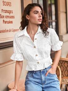 SHEIN Frenchy Ruffled Puff Sleeve Short Blouse For Summer Casual Wear White - White - View 1