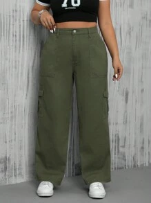 SHEIN ICON 大码女式绿色牛仔工作裤