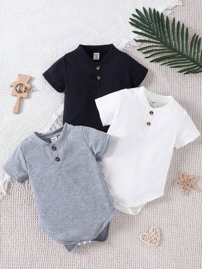 SHEIN Vintaside Kids 春夏款嬰幼兒3入組三色連身衣，日常休閒可愛，適合戶外、假期穿著