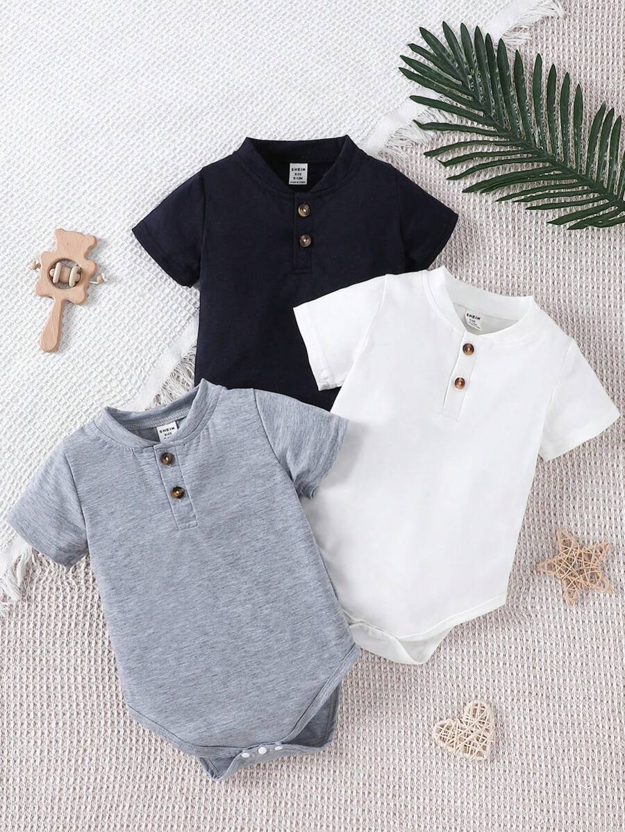 SHEIN Vintaside Kids 春夏款嬰幼兒3入組三色連身衣，日常休閒可愛，適合戶外、假期穿著 - 彩色 - 查看 1