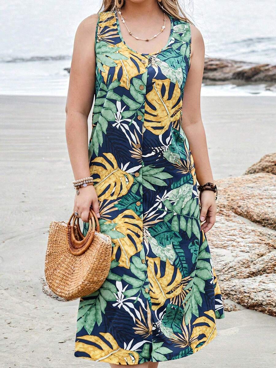 EMERY ROSE Kích thước lớn Của phụ nữ Nhiệt đới In Nút Trang trí Đầm - Nhiều màu - Xem 1