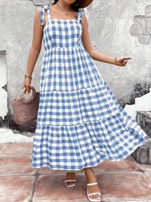 SHEIN Holidaya Kích thước lớn Của phụ nữ Vai Nút Kẻ sọc Mùa hè Đầm - Màu xanh lam - Xem 6