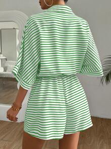 SHEIN LUNE Women's Stripe Front Button Up Batwing Sleeve Jumpsuit - Multicolor - View 2