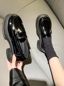 女式時尚楔型鞋跟和厚底漆皮鞋，舒適的休閒鞋 - 黑色 - 查看 3