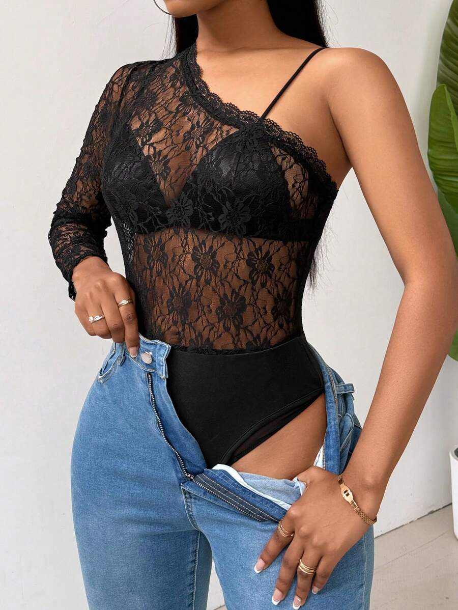 SHEIN Slayr Ladies' Summer One Shoulder Long Sleeve Lace Bodysuit - Black - View 1