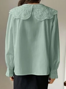 DAZY Patchwork Hollow Out Embroidered Peter Pan Collar Long Sleeve Shirt Summer - Mint Green - View 4