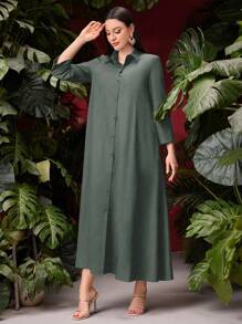 Al Najma 女士純色長款衬衫式阿拉伯長袍 - 軍綠色 - 查看 6