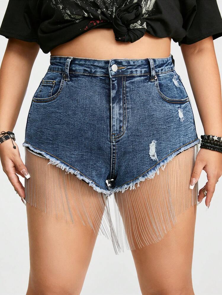 Plus Size Women's Fashionable Fringed Hem Denim Shorts