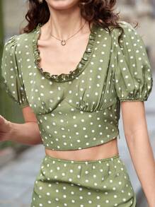 SHEIN Frenchy 波点印花荷叶边露肩短款上衣，夏季完美之选