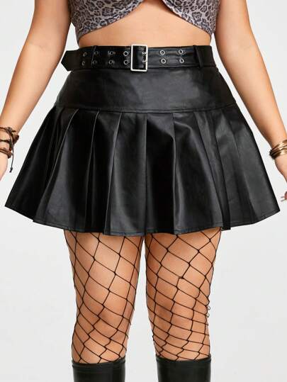 Hippie Plus Size Faux Leather Pleated Skirt Suitable For Summer