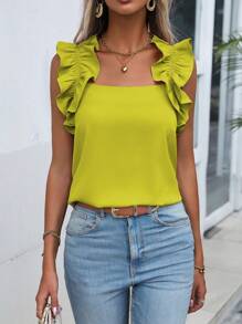 SHEIN Clasi Blusa de unicolor para damas con decoración de encaje, blusas sin mangas - Verde Oliva - Ver 4