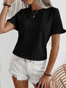 SHEIN LUNE Ruffle Trimmed Short Sleeve Basic T-Shirt - Black - View 4