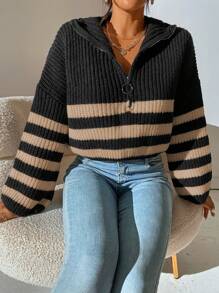 Flirla Women's Striped Half Zip Pullover Sweater, Suitable For Spring And Autumn,Long Sleeve Tops, Knit Pullover Fall Winter - Multicolor - View 4