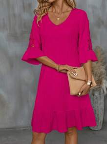 EMERY ROSE Quý cô Đúng mốt Màu thuần Trung bình Tay áo Đầm - Màu Hồng Tươi - Xem 4