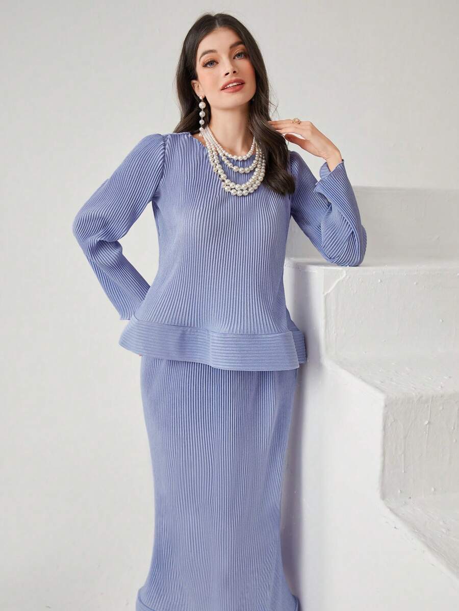 Modelyn Solid Color Ruffle Hem Long Sleeve Top And Mermaid Hem Skirt - Baby Blue - View 1