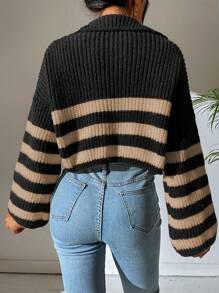 Flirla Women's Striped Half Zip Pullover Sweater, Suitable For Spring And Autumn,Long Sleeve Tops, Knit Pullover Fall Winter - Multicolor - View 2