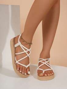 New Style Women Platform Sandals, Criss-Cross Strap Design, Simple & Fashionable, Light-Weight, Suitable For Beach, Vacation, Elegant & Versatile Low Heel, Beige - Beige - View 5