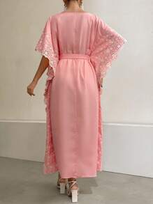 Al Najma Women's Round Neck Loose-Fit Turkish Long Shirt With Patchwork, Burned Out Embroidery & Batwing Sleeves Kaftan Jalabiya Dress - Pink - View 2