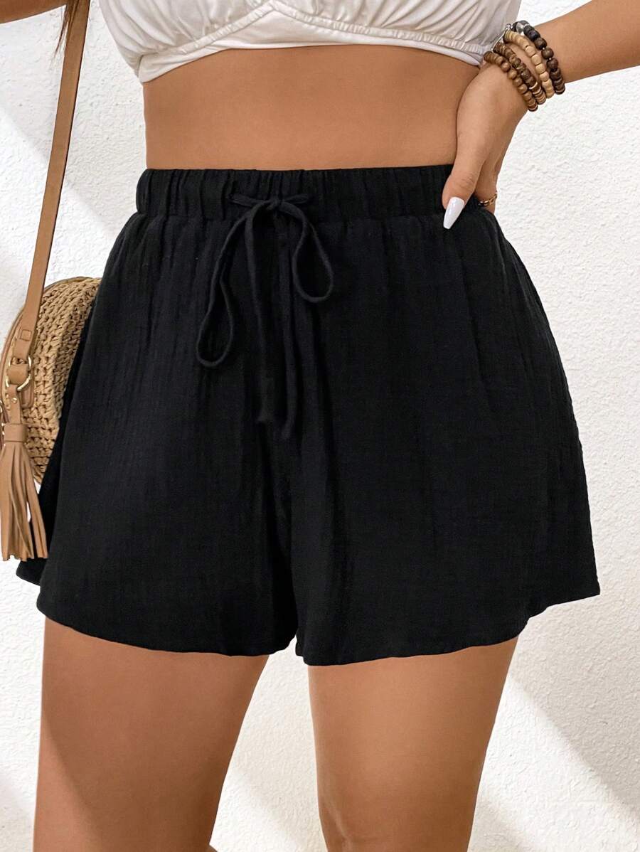 Flirla Plus Size Women's Summer Loose Fit Shorts With Drawstring Waist - Black - View 1