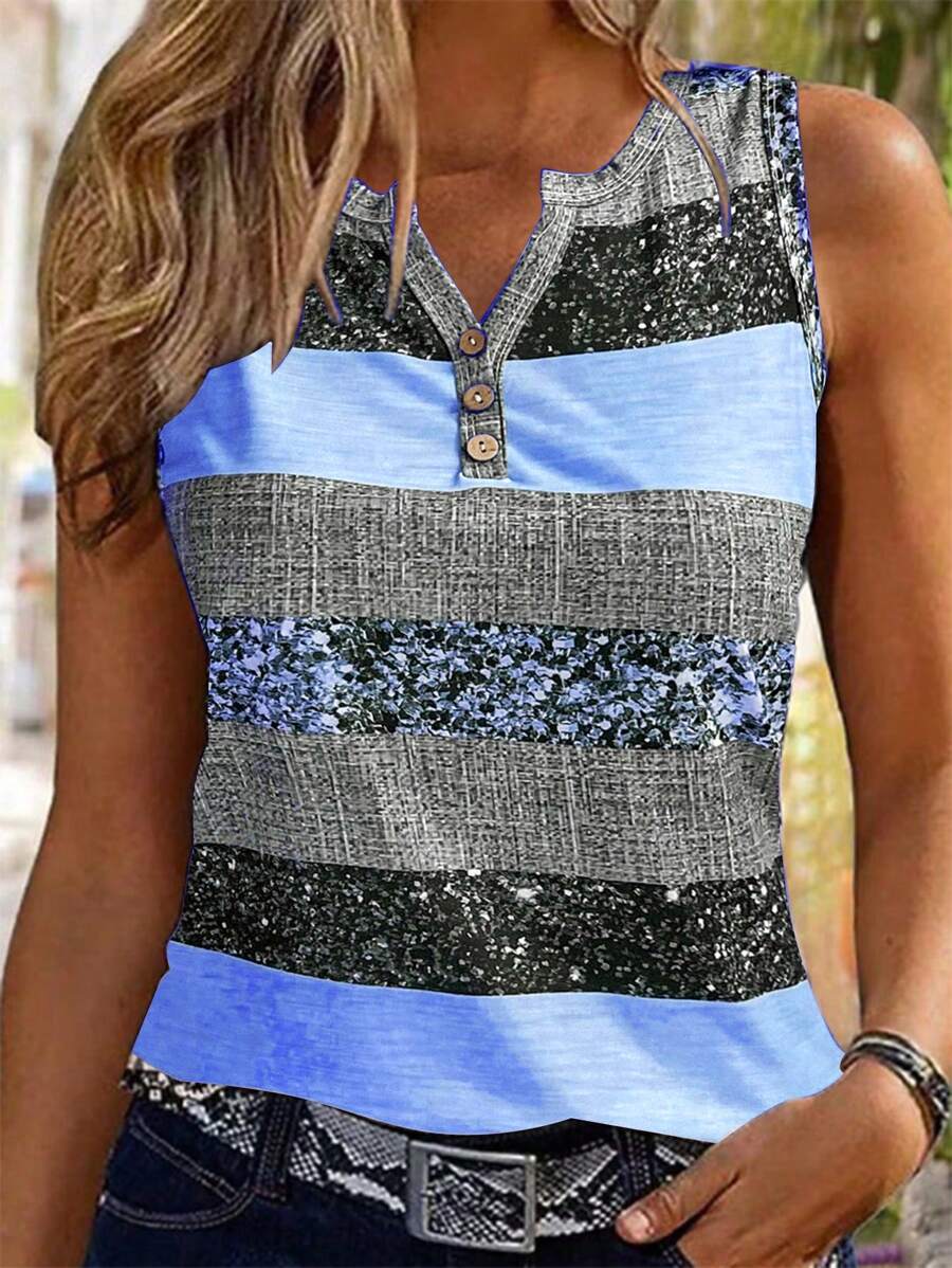 EMERY ROSE Top Casual Sin Mangas Con Diseño De Cuello En V Y Colores Contrastantes, Patrón Aleatorio Impreso, Verano - Multicolor - Ver 1