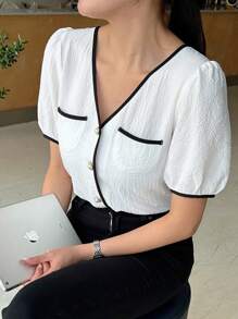 DAZY Áo cánh tay bồng dáng rộng màu khối có cổ chữ V mùa hè cho nữ, trang phục công sở thường ngày - trắng - Xem 5