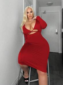 SHEIN SXY 大尺碼女士性感交叉肩帶修身派對連衣裙 - 紅色 - 查看 5