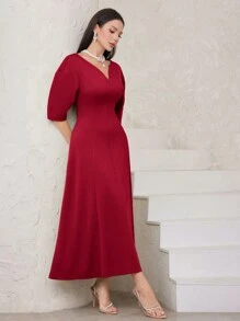 Modelyn 勃艮第红色女士 V 领泡泡袖收腰连衣裙长款晚礼服 - 酒紅色 - 查看 5