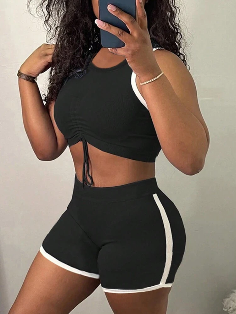 Women's Fashionable Simple Sports Style Black And White Two-Piece Set