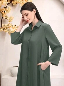 Al Najma 女士純色長款衬衫式阿拉伯長袍 - 軍綠色 - 查看 3