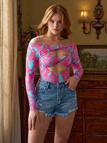 Vera Edvards Bodyduit diseñador estilo boho bohemio con estampado de plantas, corte y frente retorcido con hombros descubiertos, perfecto para vacaciones, días festivos, primavera y verano, playa, festival, Ibiza - Multicolor - Ver 6