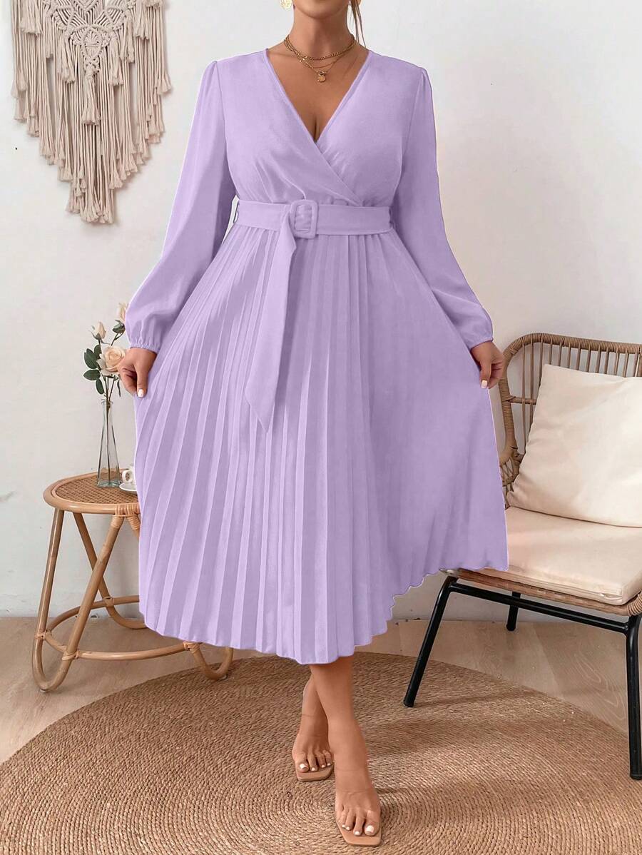 Plus Size Solid Color Lantern Sleeve Dress With Pleated Hem - Purple - View 1