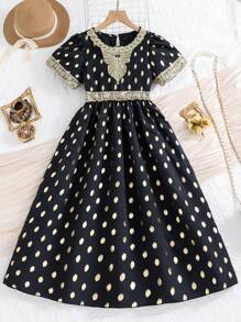 SHEIN Tween Girls' Gorgeous Golden Floral Printed Collar & Cinching Waist Dress With Embroidered Hem, Perfect For Party In Summer - Black - View 1