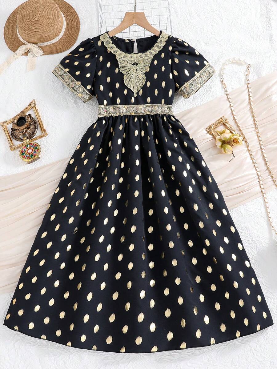 SHEIN Tween Girls' Gorgeous Golden Floral Printed Collar & Cinching Waist Dress With Embroidered Hem, Perfect For Party In Summer - Black - View 1