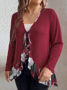 EMERY ROSE Plus Size Women's Printed Tie Front Jacket With Ruffle Hem - Burgundy - View 5