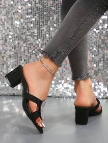 女性時尚經典粗跟凉鞋/拖鞋,配有圓形水晶鑲嵌,經典高跟凉鞋/拖鞋 - 黑色 - 查看 5