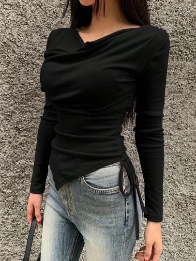 DAZY 女式纯色垂坠领不对称下摆T恤，侧面配有抽绳，长袖女式上衣