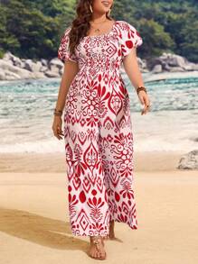SHEIN Clasi Plus Size Printed Square Neck Wide Leg Jumpsuit For Summer Beach Vacation - Red - View 5