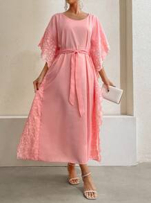 Al Najma Women's Round Neck Loose-Fit Turkish Long Shirt With Patchwork, Burned Out Embroidery & Batwing Sleeves Kaftan Jalabiya Dress - Pink - View 5