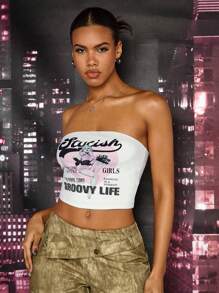 SHEIN BAE 復古字母&肖像印花無肩帶短上衣,適合休閒服裝、街頭穿搭、音樂會和音樂節。 - 白色 - 查看 4