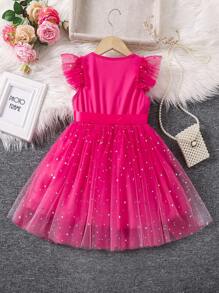 SHEIN Young Girl Fashionable Mesh Design Flutter Sleeve Dresses - Hot Pink - View 2