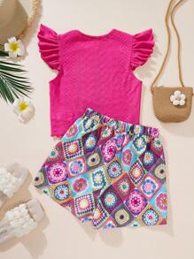 SHEIN Teen Girls Casual Holiday Round Neck Long Lace Trim Shirt & 7/8 Pants Set