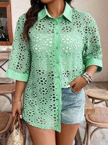 Breezaya Camisa Bordada De Talla Grande Con Huecos En unicolor - Verde - Ver 3