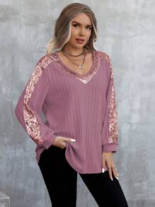 Calvaya 大码女式闪光亮片拼接长袖T恤女式上衣春秋季女装 - 粉色 - 查看 4