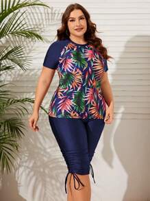 Swim Lushoire 大尺碼女士夏季海灘對比熱帶植物印花防曬衣套裝