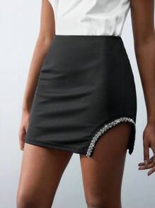 Maija Của phụ nữ Ngắn Chiều dài Cái nĩa cao Váy Với Pha lê Chi tiết - màu đen - Xem 7