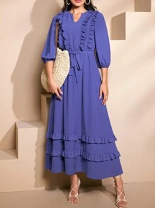 Seusyu 女性v領轉角口鐘形袖荷葉邊裝飾長裙,附腰帶 - 藍色 - 查看 5