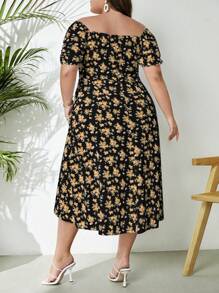SHEIN VCAY Plus Size Boho Split Hem & Cinched Waist Floral Dress, For Summer - Yellow - View 2