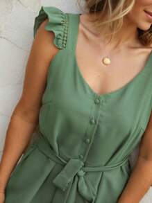 SHEIN Frenchy Vestido Para Las Vacaciones De Verano Con Lazos De Moño En La Cintura, Mangas Con Volantes Y Encaje Exquisito